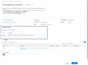 The Select Background Check Overall Status inbox item. The status date, status, and comment field are emphasized