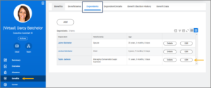 The worker profile showing how to navigate to the dependents tab on the benefits section