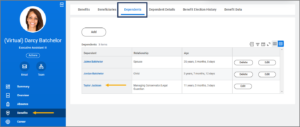 The worker profile showing how to navigate to the dependents tab on the benefits section and select the hyperlinked name.