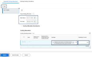 Add costing allocation section, highlighting the fields for Start Date, End Date (optional), Worktags and Distribution percent