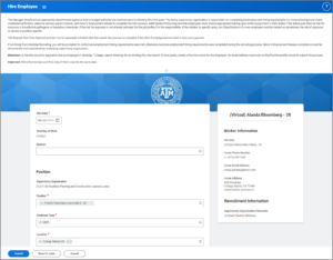 Job Details section with the Hire Date and Reason fields called out. Shown also are the fields for Position, Job Requisition, Employee Type, Job Profile, Time Type, Location, Work Space, and Pay rate