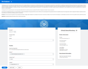 Job Details section with the Hire Date and Reason fields called out. Shown also are the fields for Position, Job Requisition, Employee Type, Job Profile, Time Type, Location, Work Space, and Pay rate