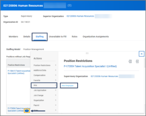 Related actions menu displayed with Hire selected on primary menu and Hire Employee selected on secondary menu.