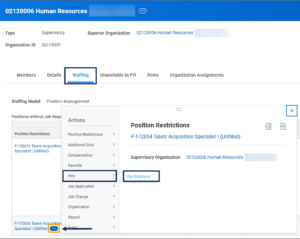 Related actions menu displayed with Hire selected on primary menu and Hire Employee selected on secondary menu.