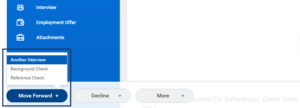 The move forward drop-down menu showing the another interview, offer, background check, and reference check options