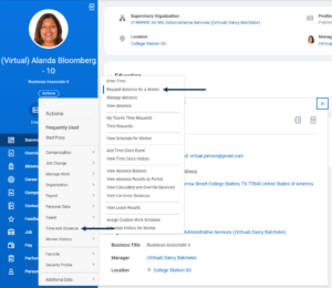 Request absence for employee menu