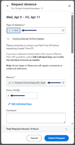Request Absence on Behalf of dialogue box.