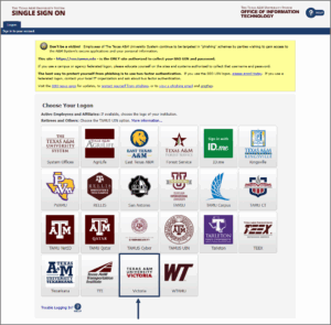 SSO menu with a box around TAMUV logo