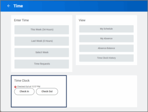 The time app with a box around the Time Clock portion of the page