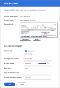 Account information fields including routing transit number, bank name, account type and account number
