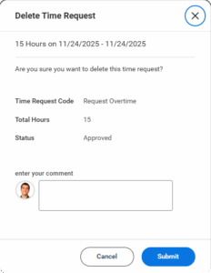 Confirm that you wish to delete this Time Request