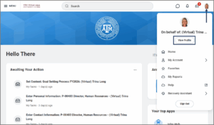 Workday homepage with the profile picture button selected