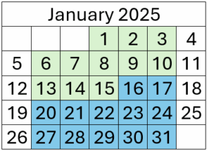 Calendar showing January 2025 with the working days in the first half of the month highlighted green and the working days from the second half of the month highlight blue