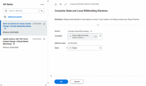 workday inbox showing the task complete state and local withholding elections