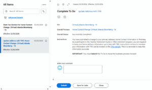 Workday inbox showing the to do update address with TRS