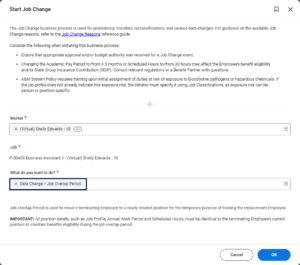 start job change initiation page with data change job overlap period selected