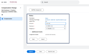 Salary section of the Default Compensation Change page with Compensation plan set to Salary, Amount equal to $5500 and Frequency set to monthly