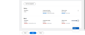 compensation page with the related action menu open and restore merit