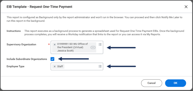 EIB Template - Request One-Time Payment dialogue box.