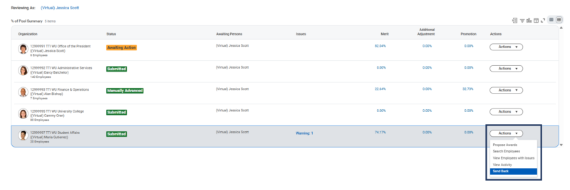 An example organization is emphasized. The actions drop down menu is selected and the send back option is emphasized.