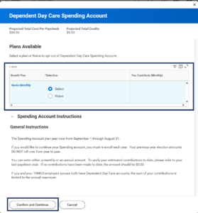 Dependent daycare spending plan select or waive.