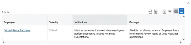 The error explanation showing the employee, severity, validations and message columns