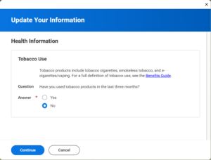 Health information screen showing tobacco use option