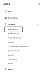 Workday Menu with My Disclosures under Personal
