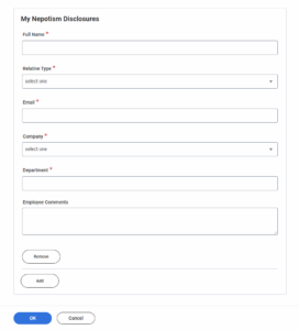 Nepotism Disclosure form on the My Disclosures app in workday