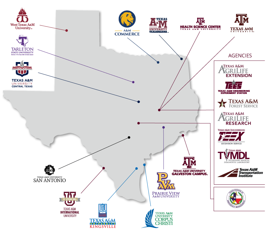 State of Texas with the location of each TAMUS member marked on the map