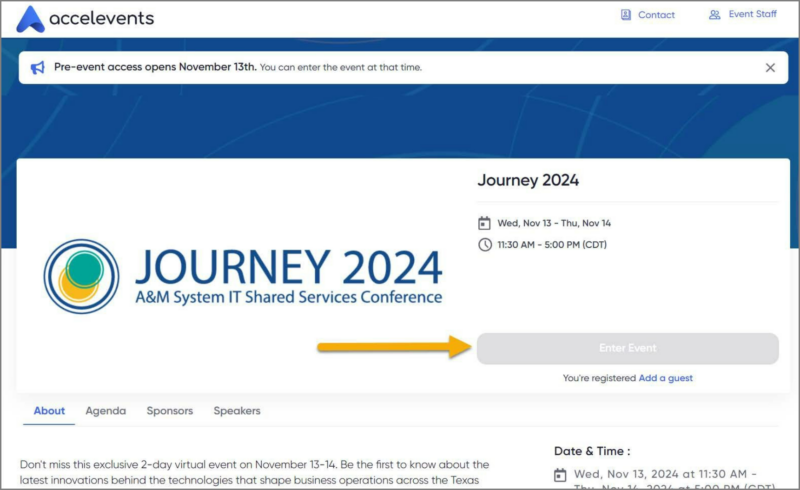 Journey 2024 Landing page with arrow pointing to Enter Event.