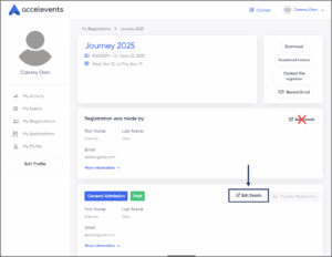 edit details on the bottom box of the registration details